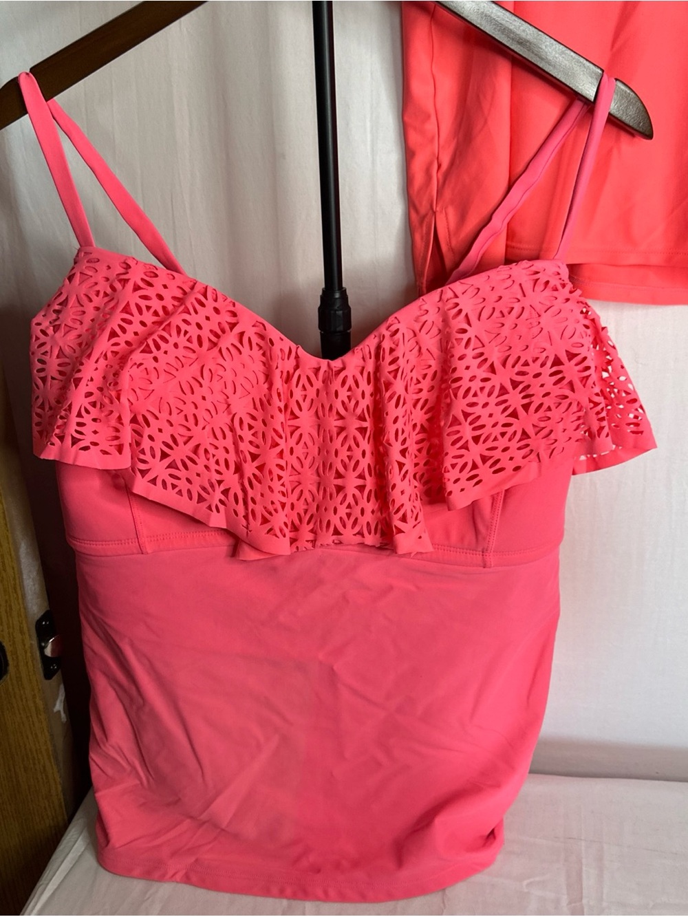 Women's Pink Laser-Cut Ruffle Swim Cami